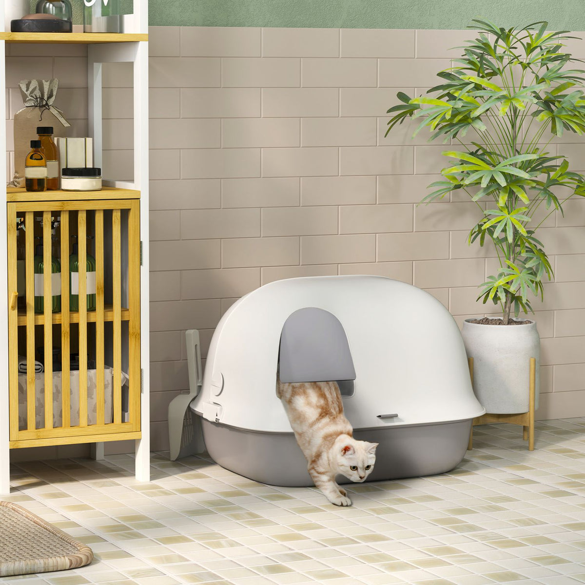 Cat toilet with lid, cat litter box with sieve, door, scoop, closed cat toilet house for small cats under 3.5 kg, indoor, plastic, light grey