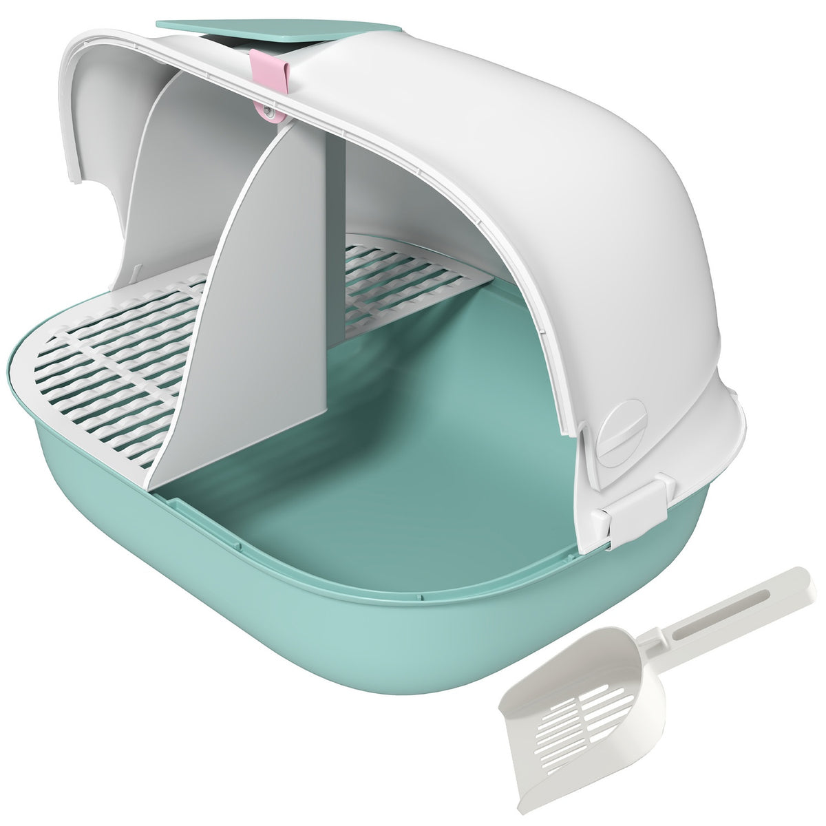 Cat toilet with lid, cat litter box with sieve, door, shovel, closed cat toilet house for small cats under 3.5 kg, indoor, plastic, green