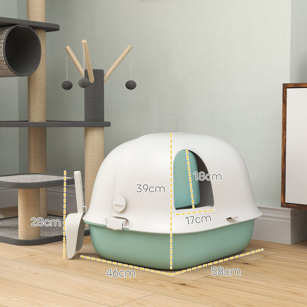 Cat toilet with lid, cat litter box with sieve, door, shovel, closed cat toilet house for small cats under 3.5 kg, indoor, plastic, green