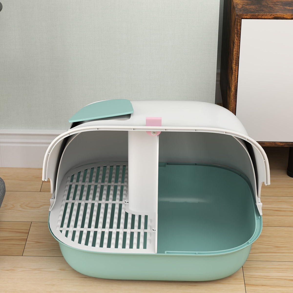 Cat toilet with lid, cat litter box with sieve, door, shovel, closed cat toilet house for small cats under 3.5 kg, indoor, plastic, green