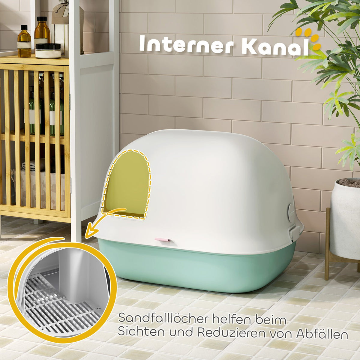 Cat toilet with lid, cat litter box with sieve, door, shovel, closed cat toilet house for small cats under 3.5 kg, indoor, plastic, green