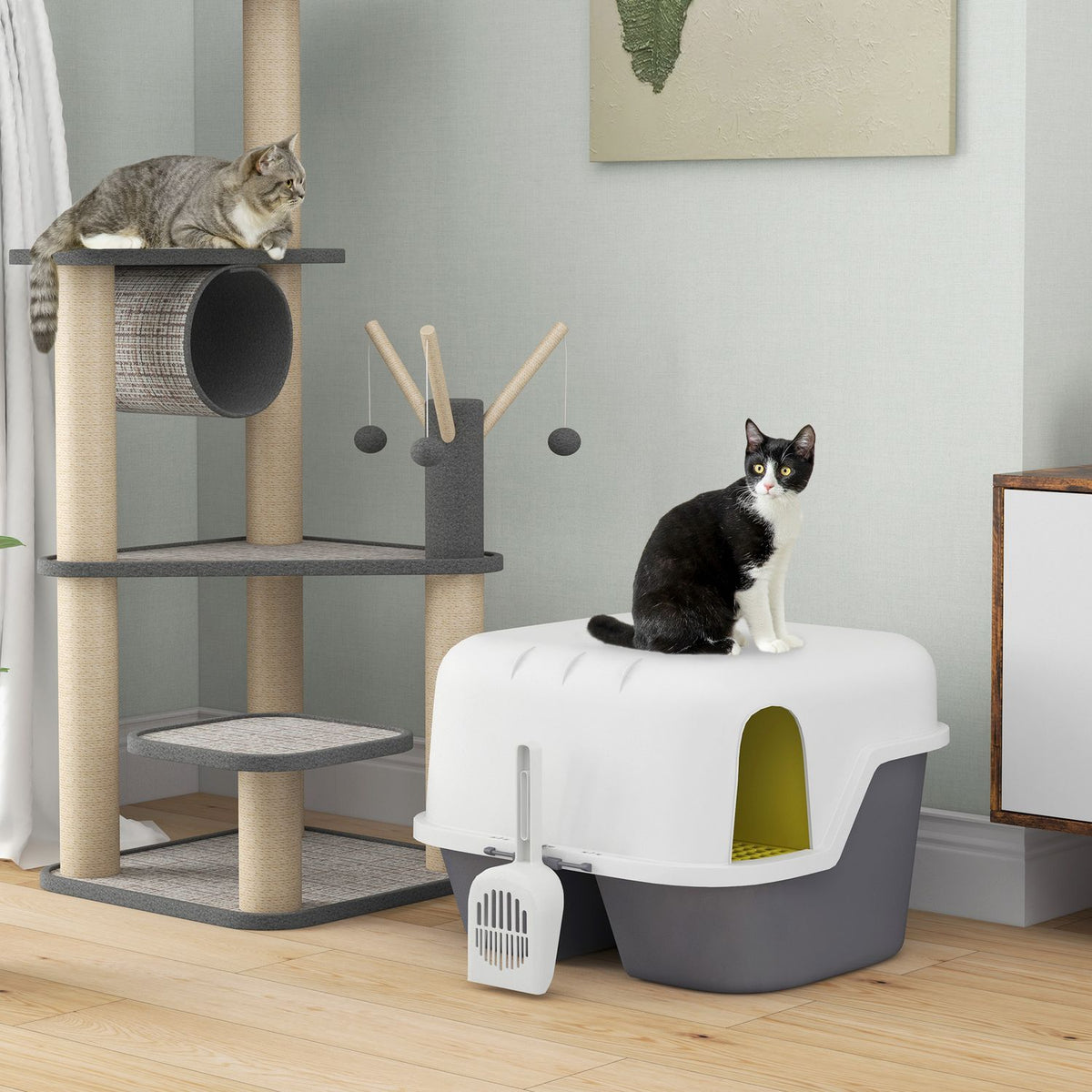 Cat toilet with lid, cat litter box with sieve, scoop, closed cat toilet house for small cats under 3.5 kg, indoor, plastic, cream white