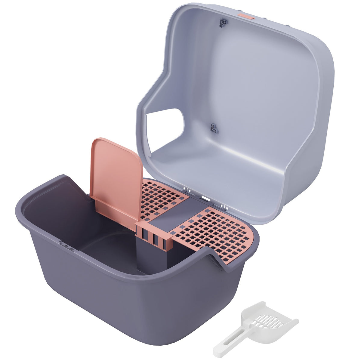 Cat toilet with lid, cat litter box with sieve, scoop, closed cat toilet house for small cats under 3.5 kg, indoor, plastic, purple