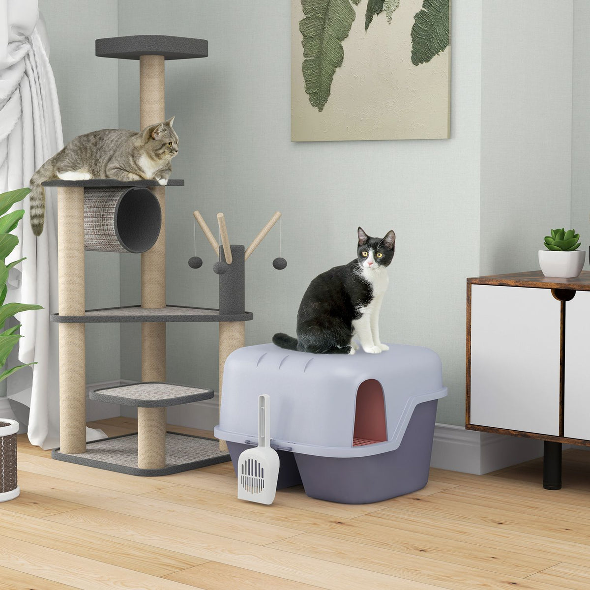 Cat toilet with lid, cat litter box with sieve, scoop, closed cat toilet house for small cats under 3.5 kg, indoor, plastic, purple