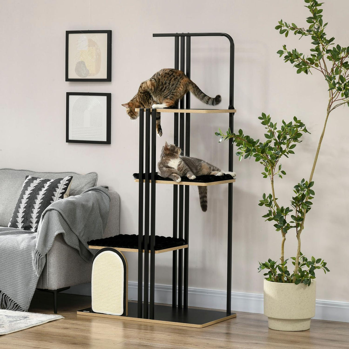 Cat tree 170cm Large scratching post with cushions, scratching board, 3 platforms, cat furniture made of steel in black