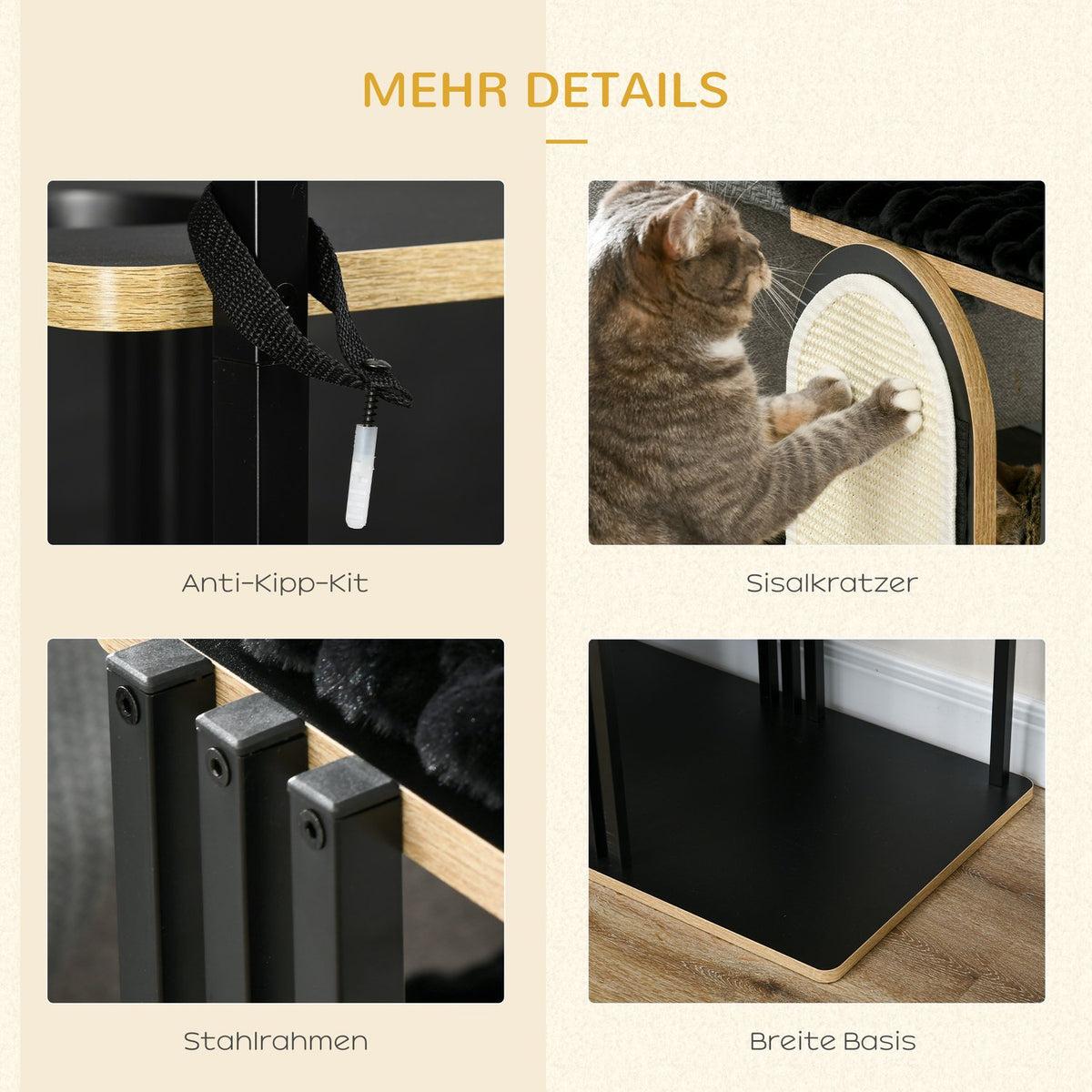 Cat tree 170cm Large scratching post with cushions, scratching board, 3 platforms, cat furniture made of steel in black