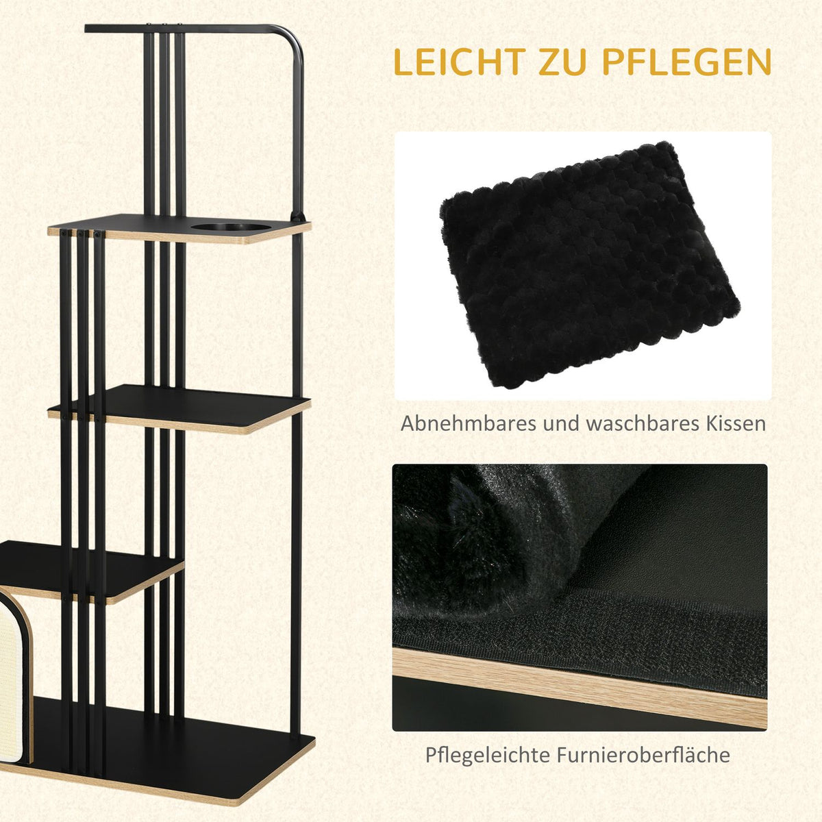 Cat tree 170cm Large scratching post with cushions, scratching board, 3 platforms, cat furniture made of steel in black