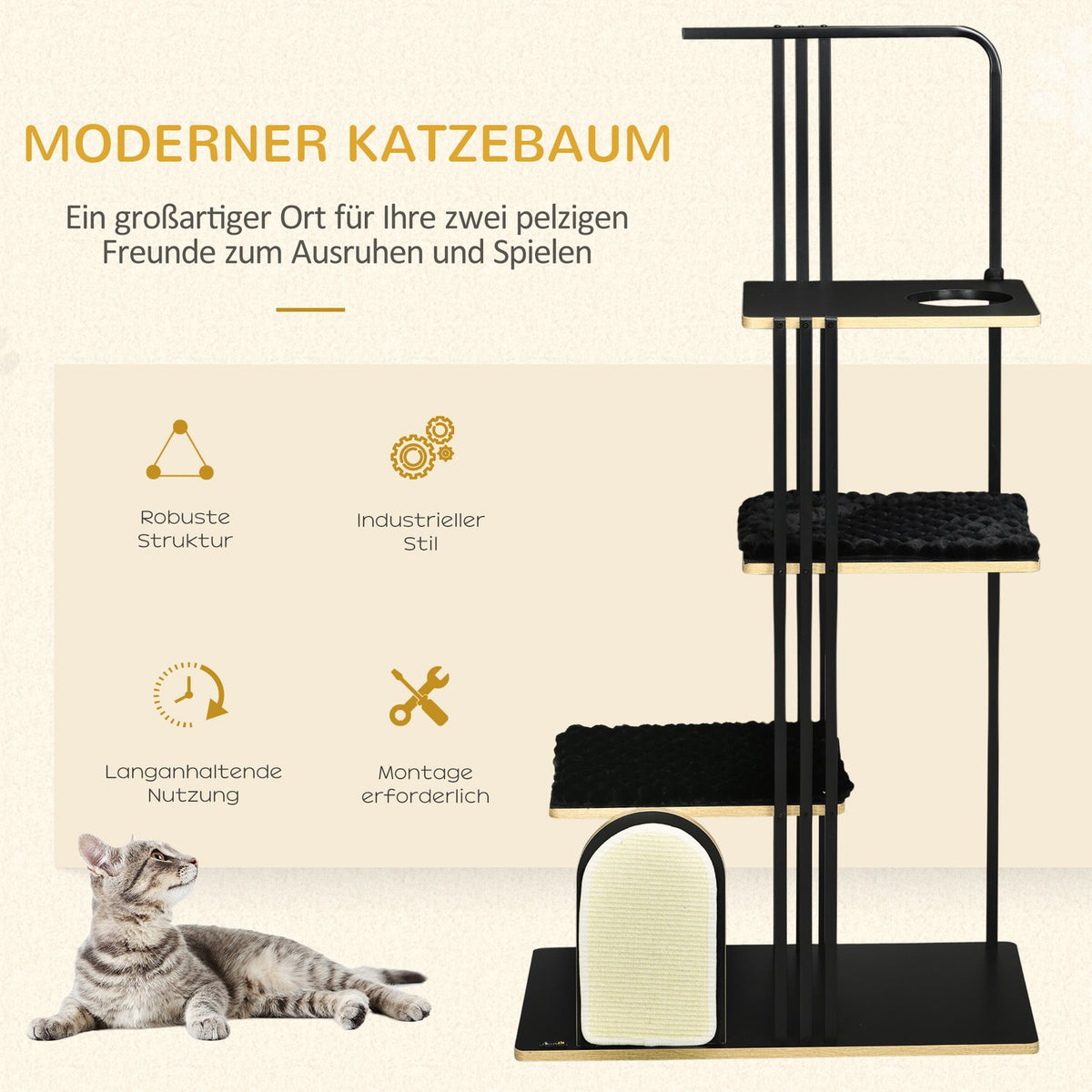 Cat tree 170cm Large scratching post with cushions, scratching board, 3 platforms, cat furniture made of steel in black