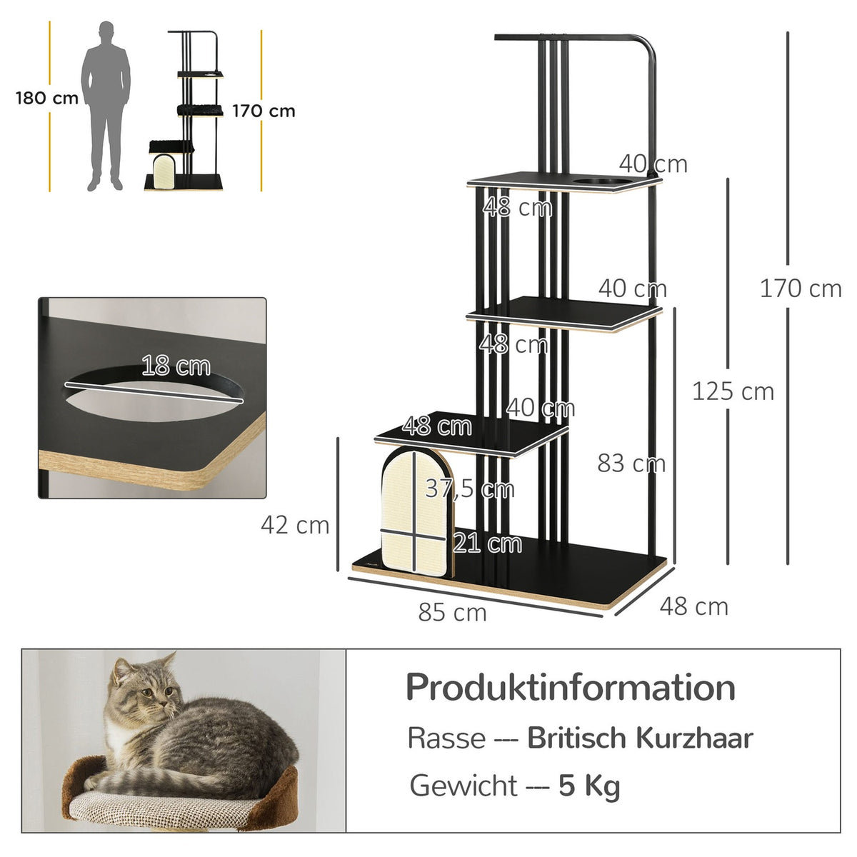 Cat tree 170cm Large scratching post with cushions, scratching board, 3 platforms, cat furniture made of steel in black