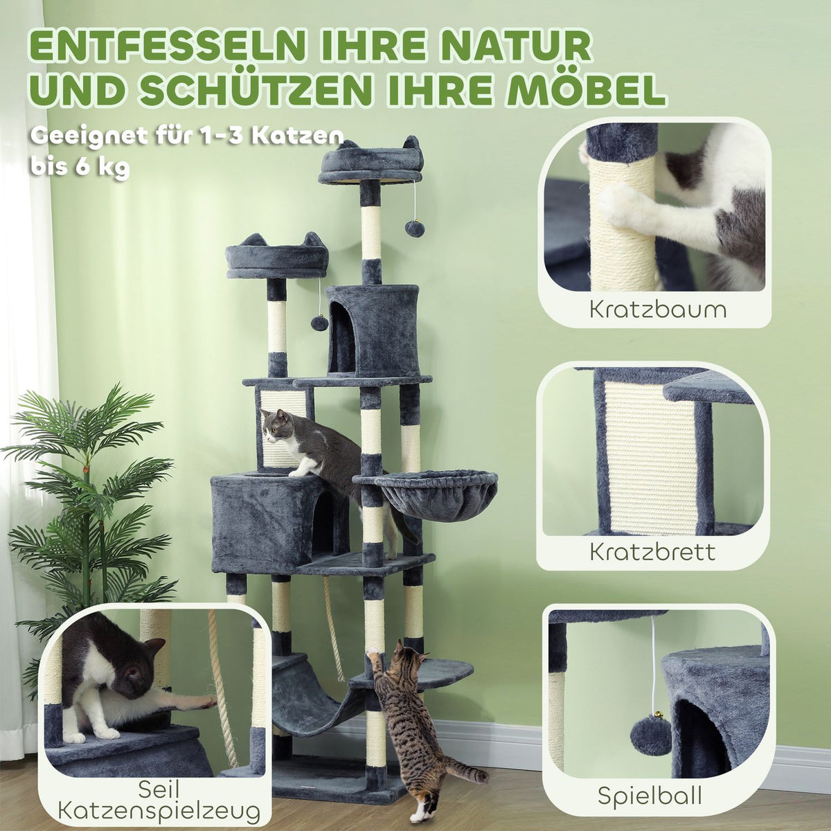 Cat tree 206 cm cat tower with cave, 2 play balls, sisal posts, platform for large cats, dark grey