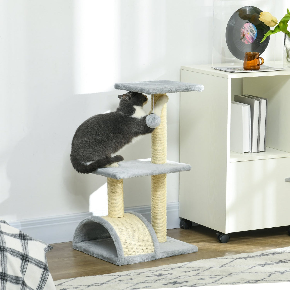 Cat tree 72 cm cat tower with plush balls, sisal posts, platform, scratching board light grey