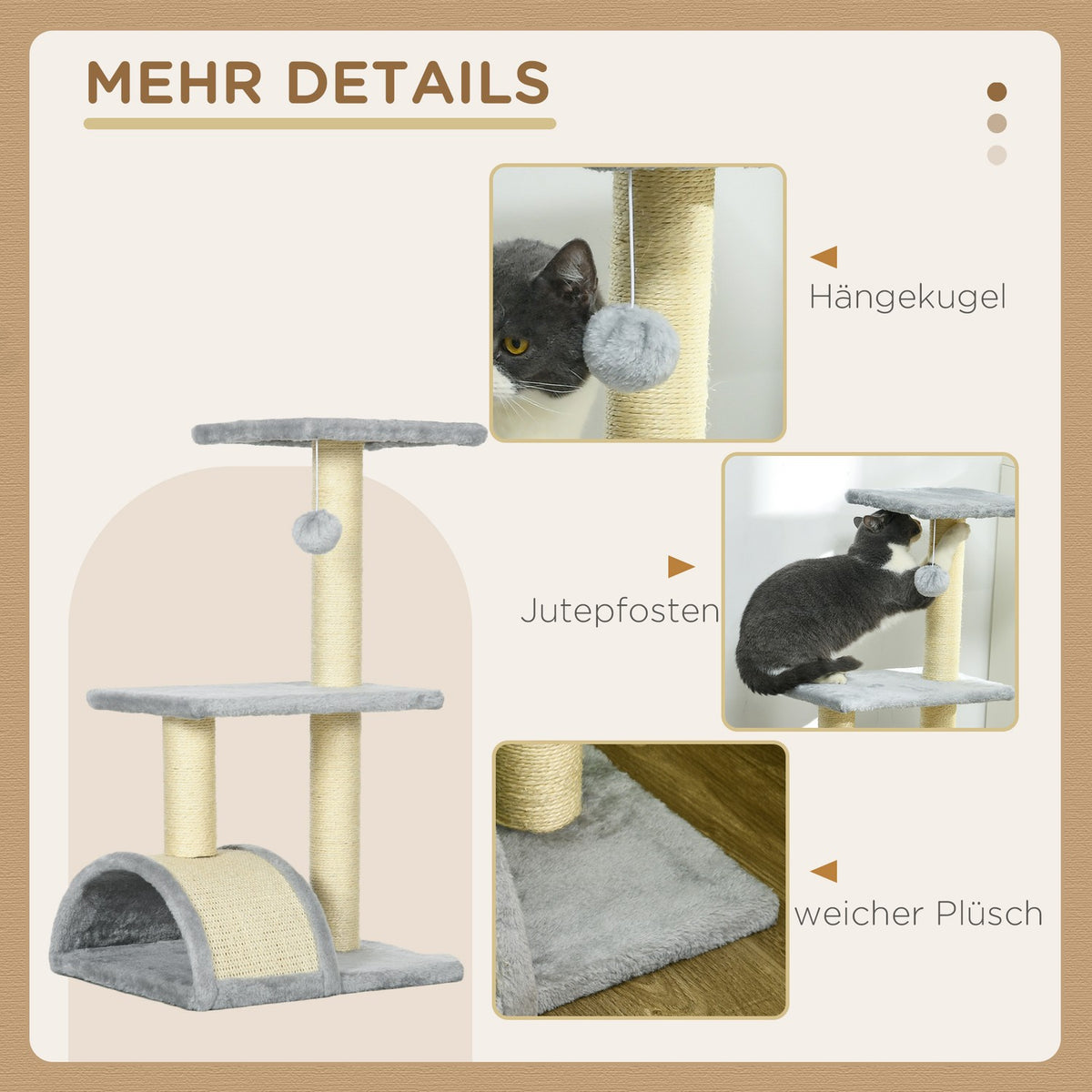 Cat tree 72 cm cat tower with plush balls, sisal posts, platform, scratching board light grey