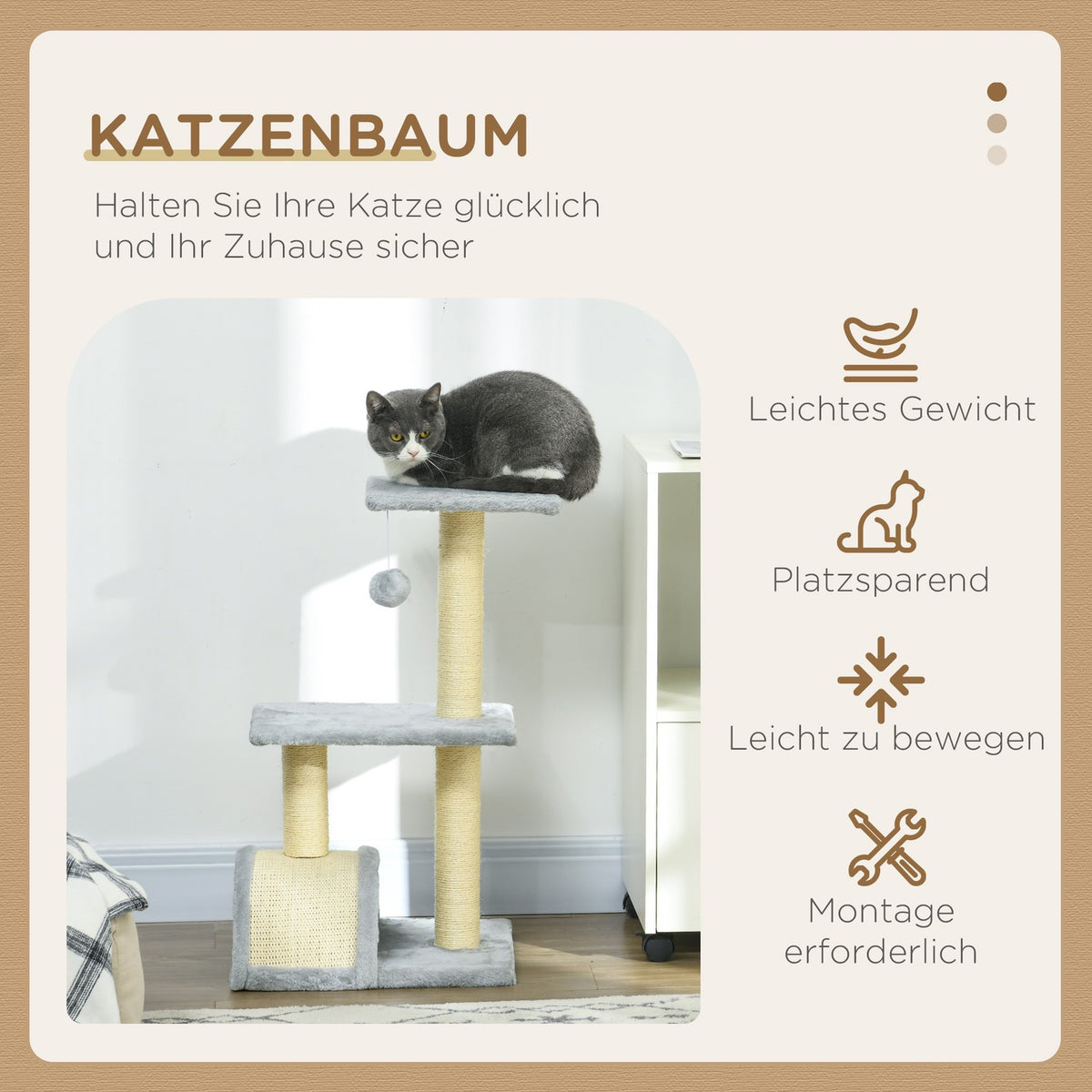 Cat tree 72 cm cat tower with plush balls, sisal posts, platform, scratching board light grey