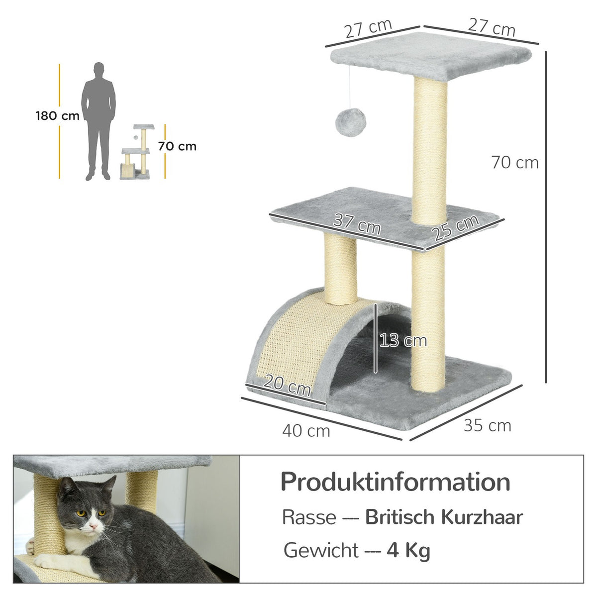 Cat tree 72 cm cat tower with plush balls, sisal posts, platform, scratching board light grey