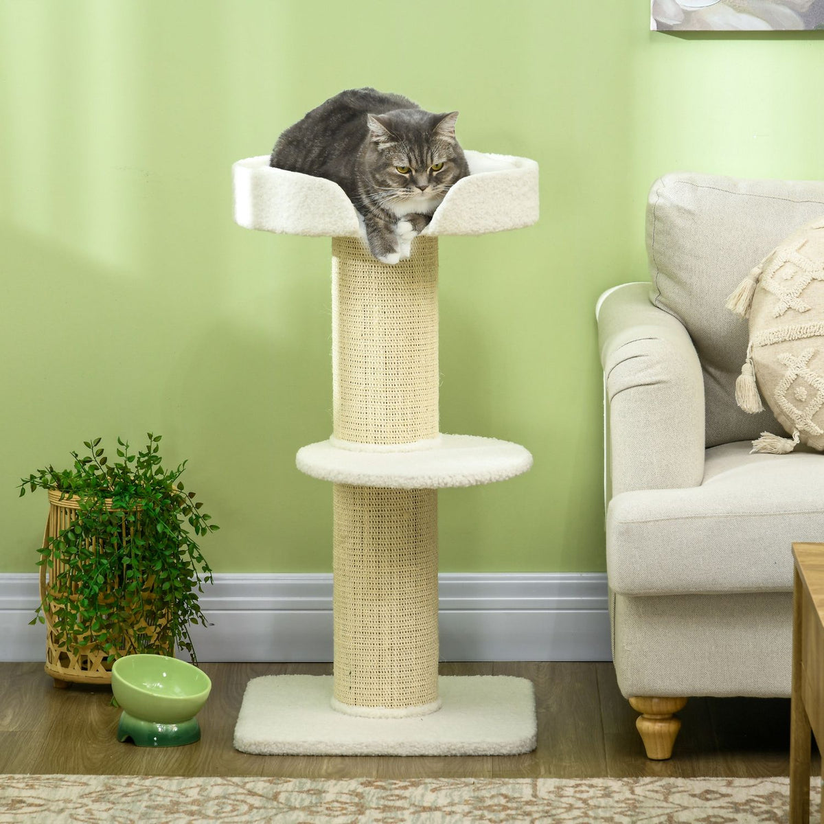 Cat tree 91cm play tree with cat bed, platform lambswool cream