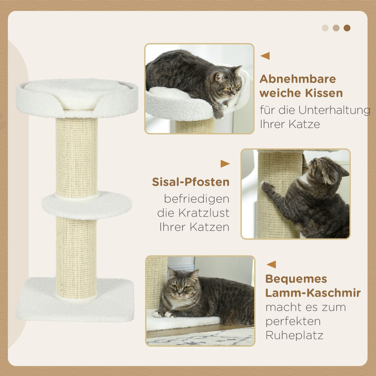 Cat tree 91cm play tree with cat bed, platform lambswool cream
