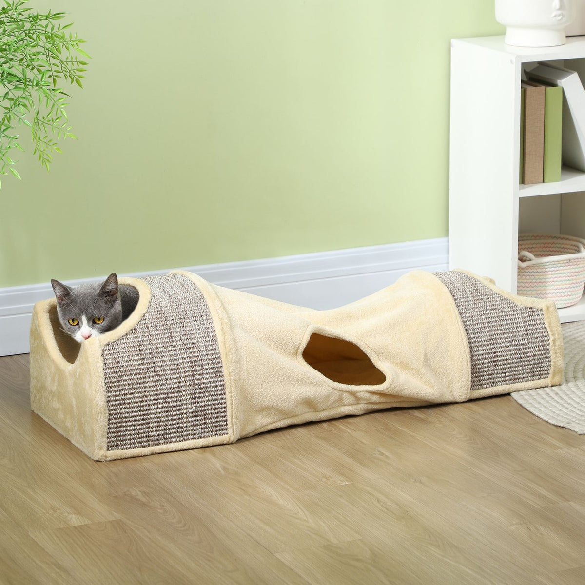 Cat tunnel play tunnel with 2 houses, 3 openings, foldable animal tunnel for cats up to 6 kg, indoor, beige