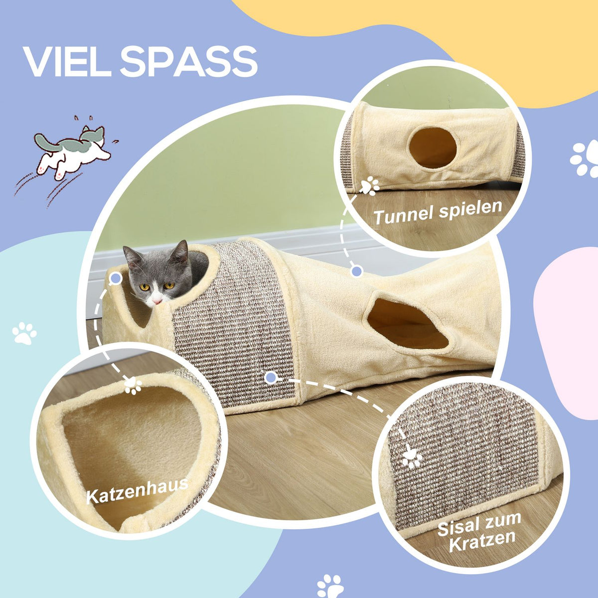 Cat tunnel play tunnel with 2 houses, 3 openings, foldable animal tunnel for cats up to 6 kg, indoor, beige