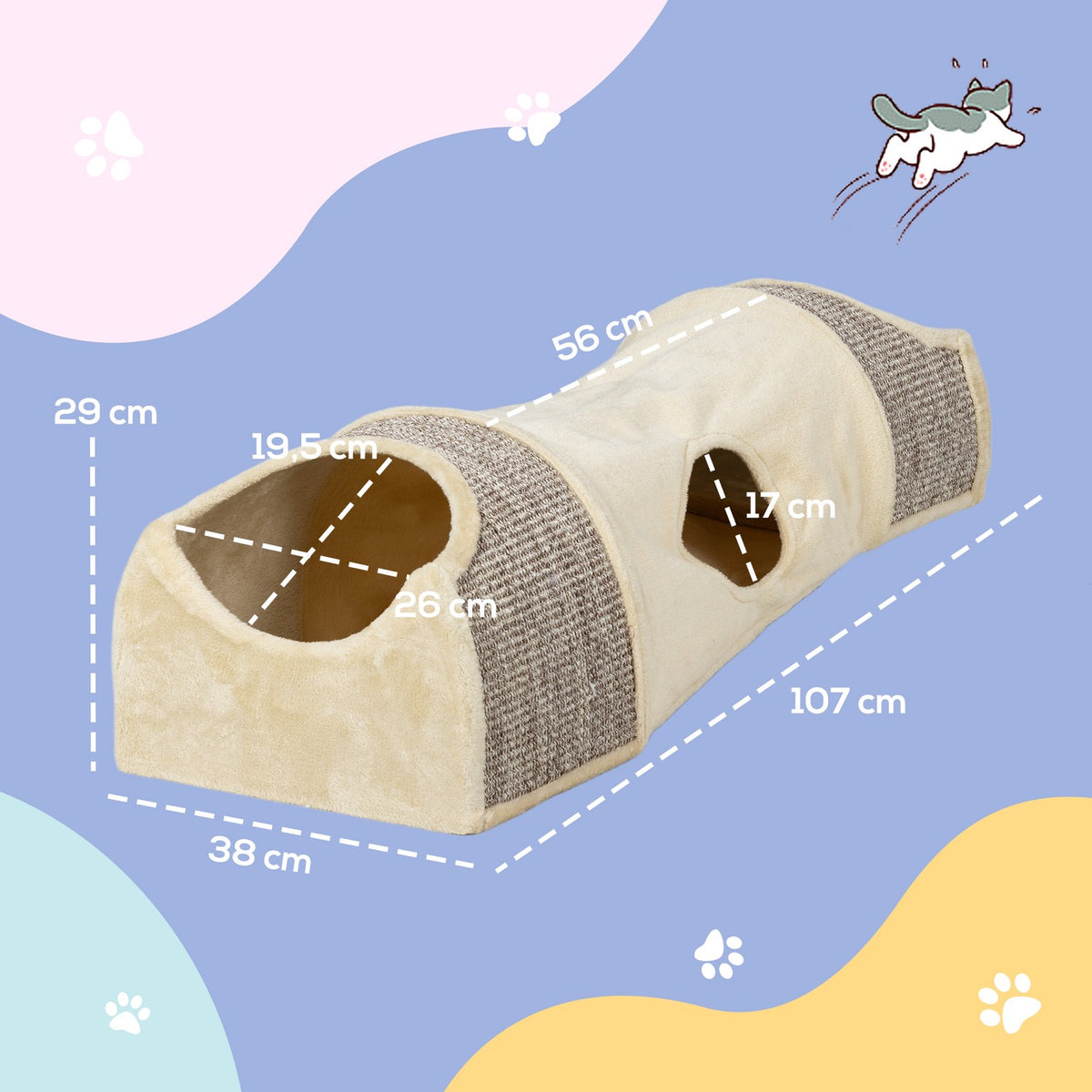 Cat tunnel play tunnel with 2 houses, 3 openings, foldable animal tunnel for cats up to 6 kg, indoor, beige