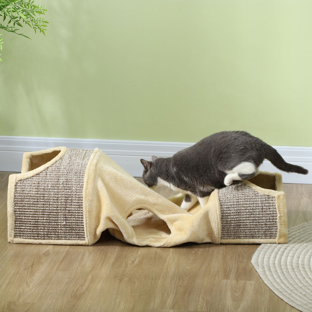Cat tunnel play tunnel with 2 houses, 3 openings, foldable animal tunnel for cats up to 6 kg, indoor, beige
