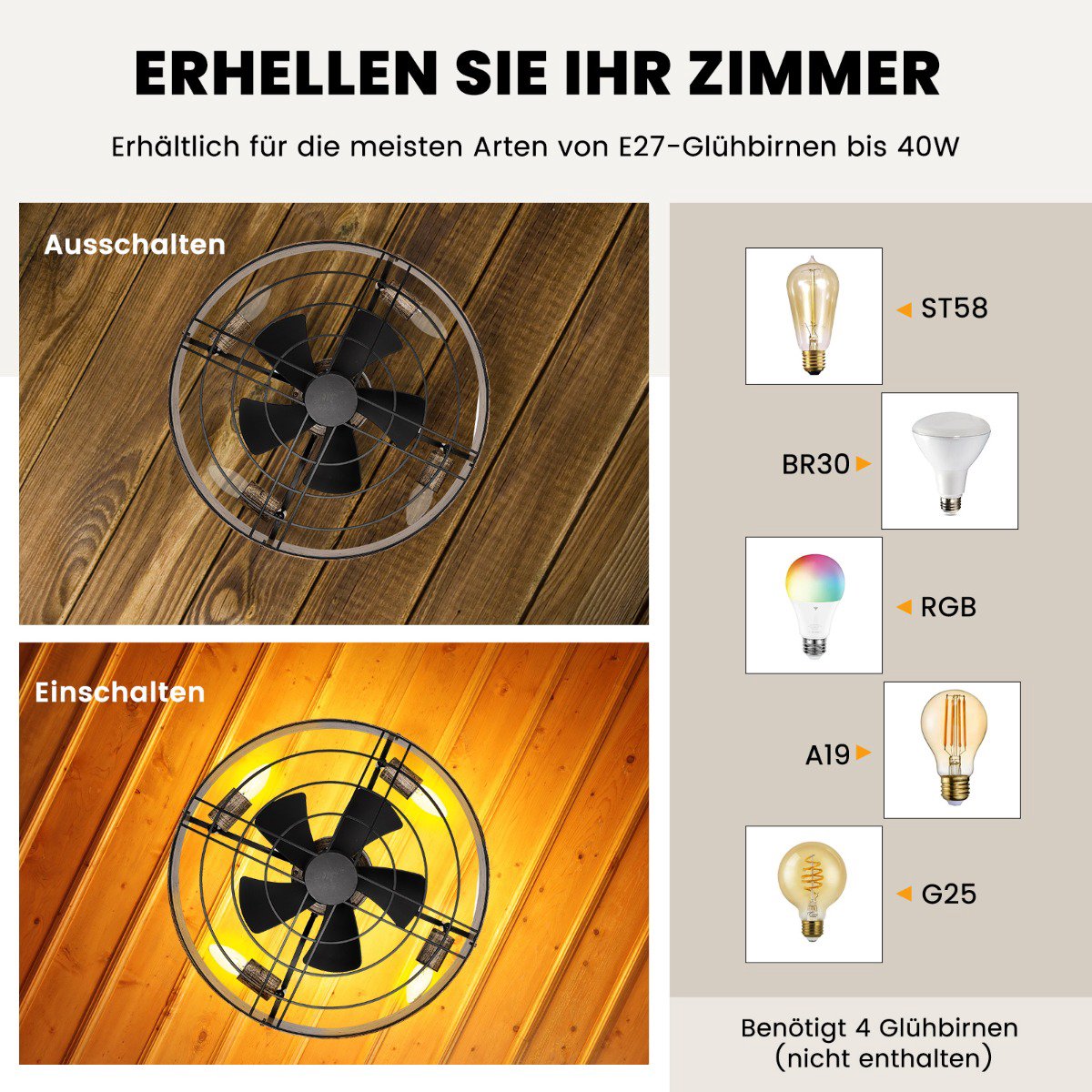 Ceiling Fan with Light, 50 cm, Remote and 4H Timer