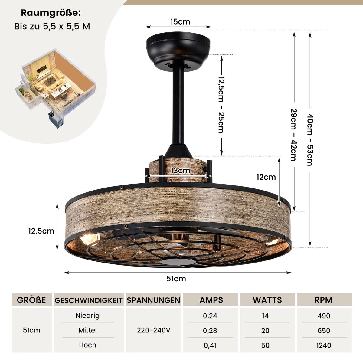Ceiling Fan with Light, 50 cm, Remote and 4H Timer