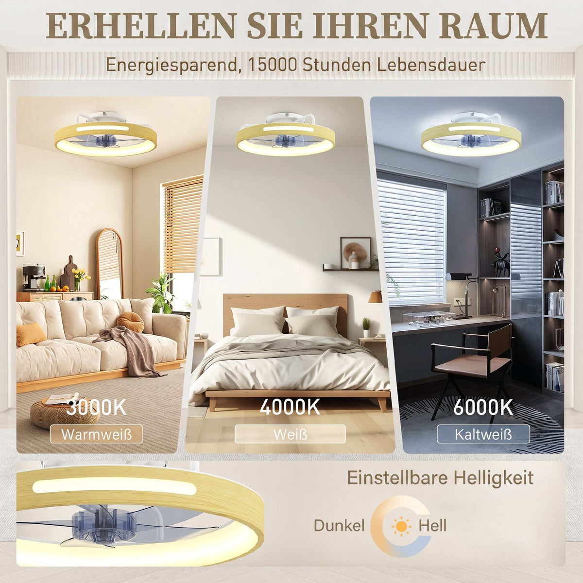 Ceiling Fan with Light, Remote, 49 cm, 3 Color Temps, Wood Finish