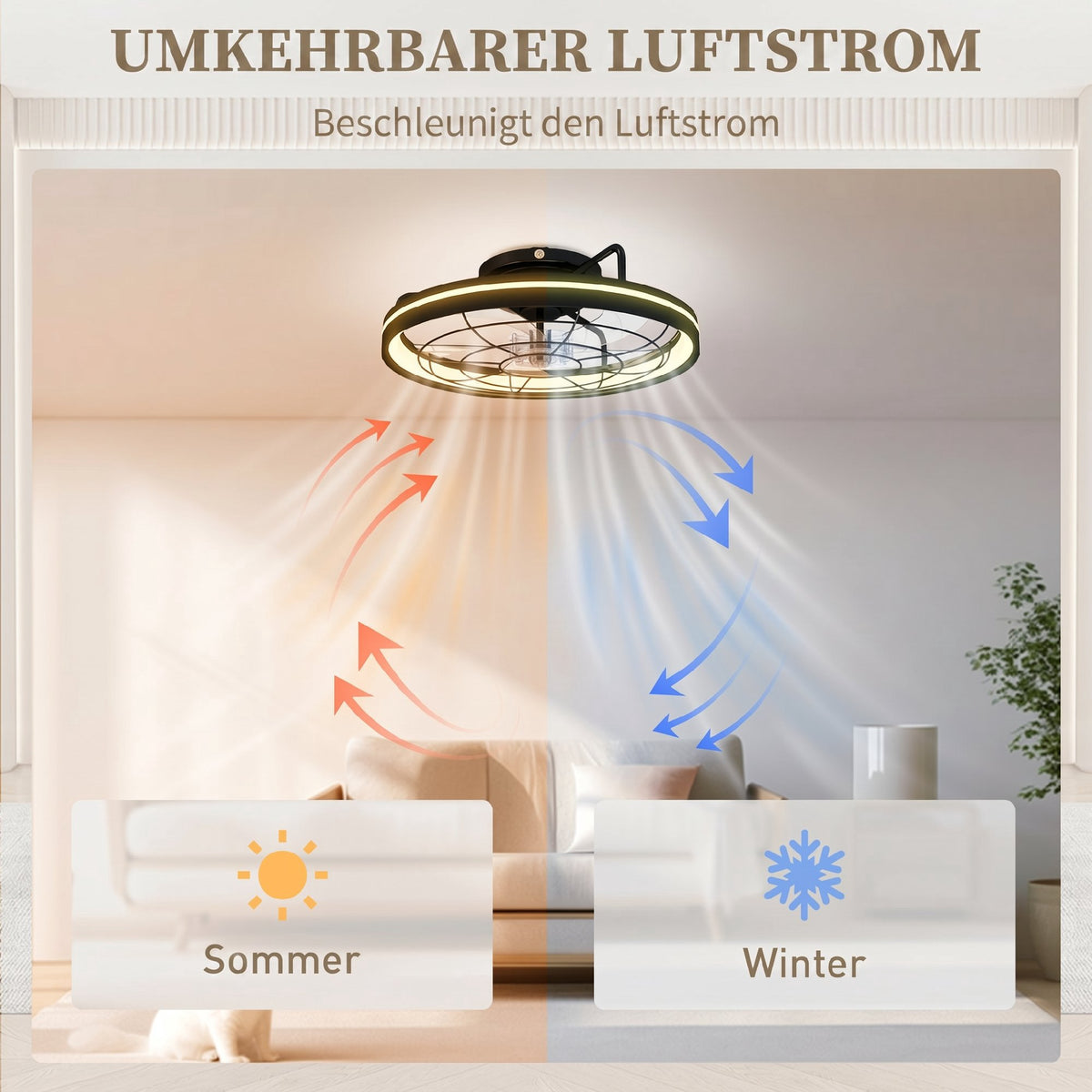 Ceiling Fan with Light and Remote, 48 cm, 3 Colors, 6 Speeds