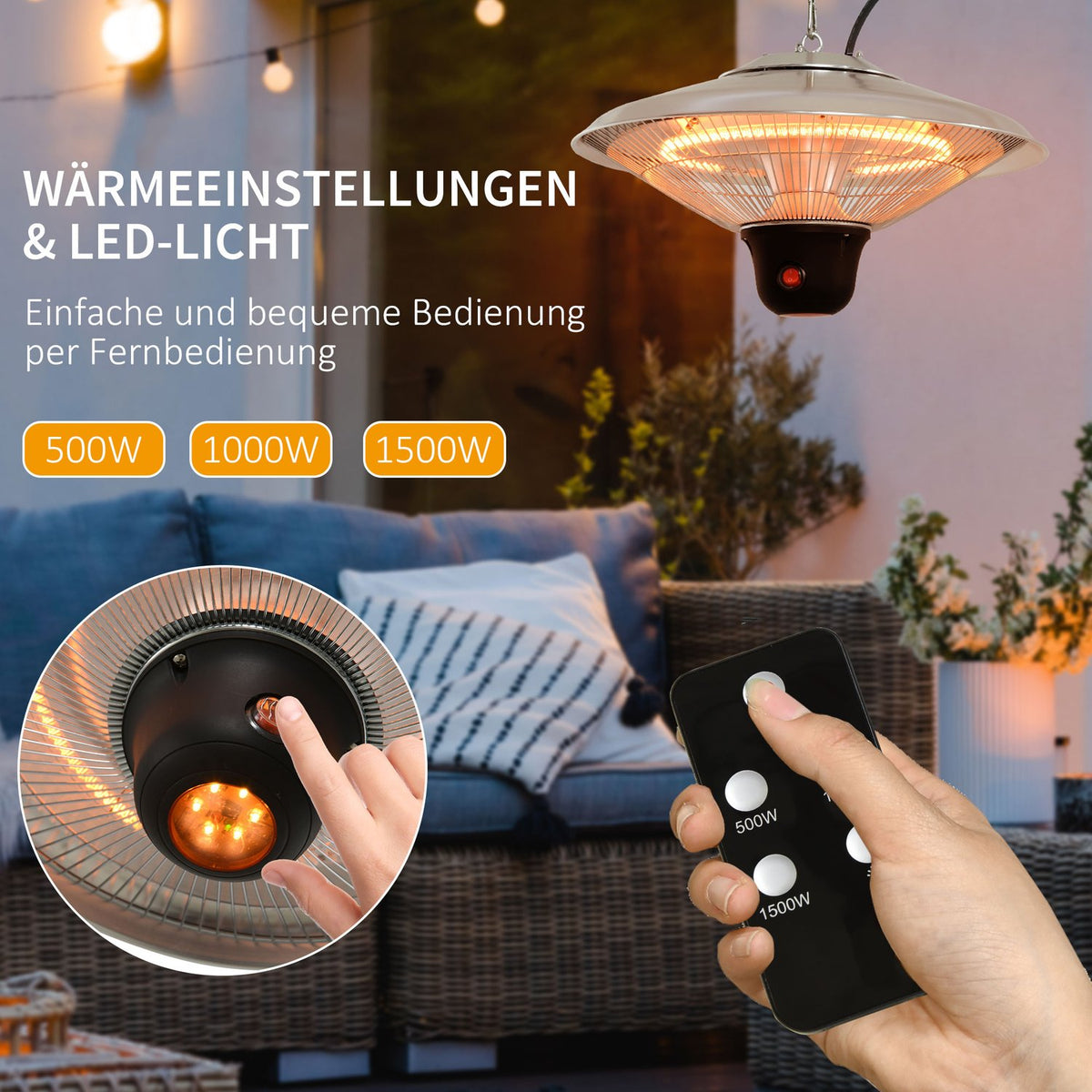 Ceiling Heater 1500W With Led & Remote Control, Terraces, Aluminum, Silver, Φ42Xh29Cm