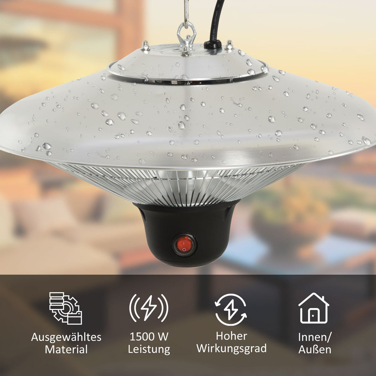 Ceiling Heater 1500W With Led & Remote Control, Terraces, Aluminum, Silver, Φ42Xh29Cm