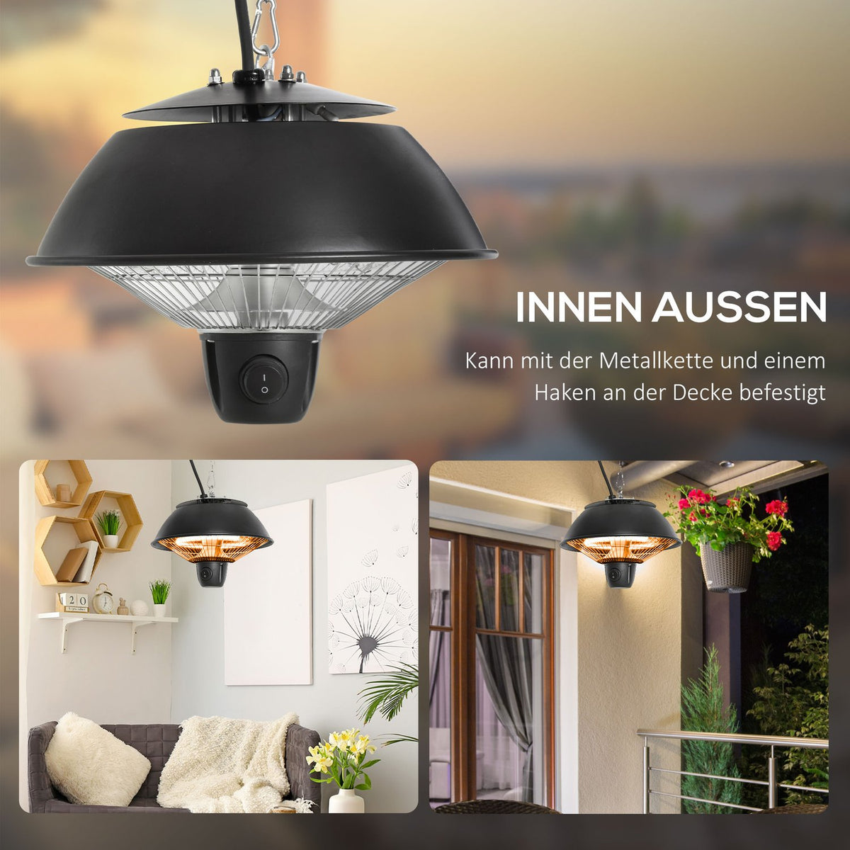 Ceiling Heater 600W With Chains, Electric, Patios, Aluminum, Black, Φ25.5Xh21.2Cm