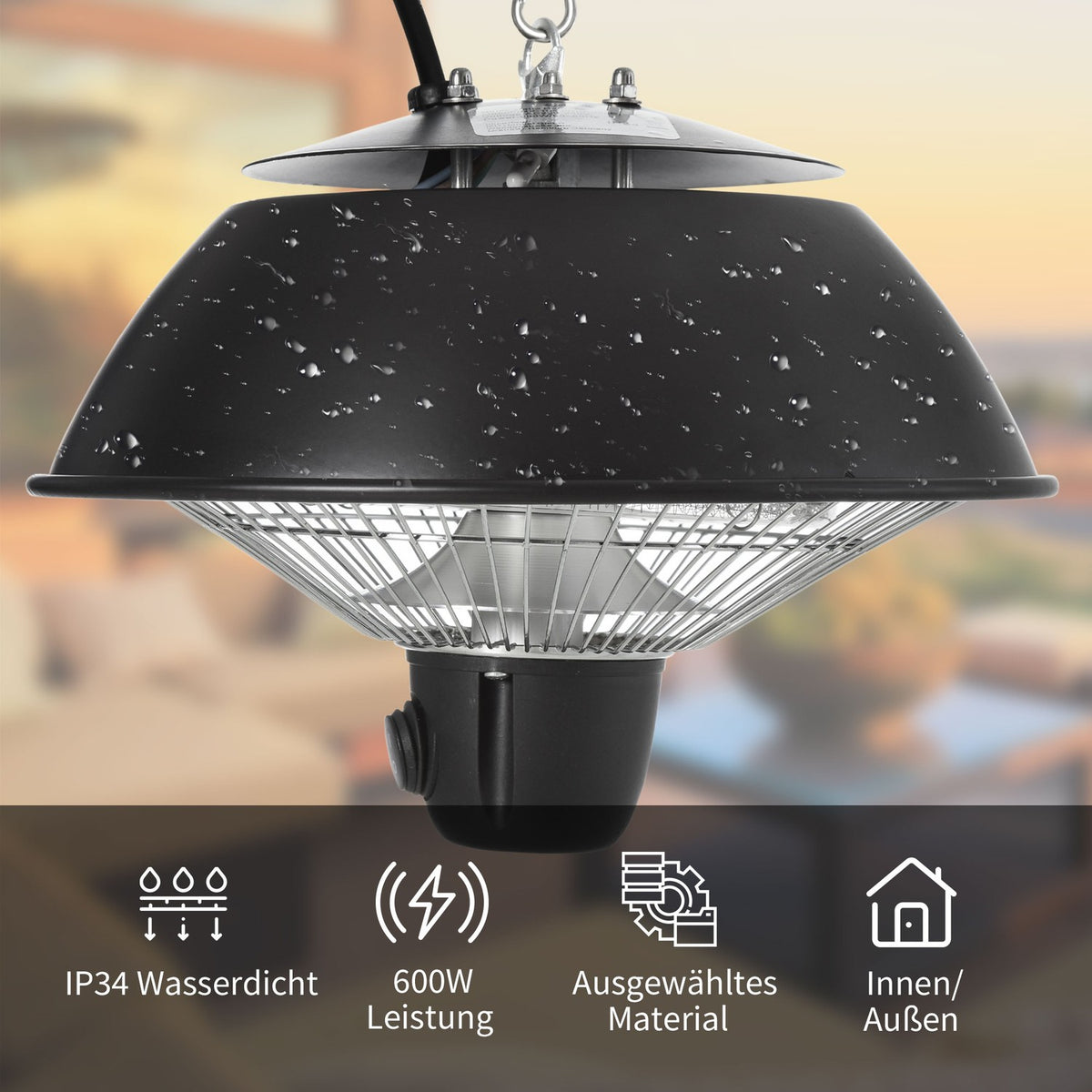 Ceiling Heater 600W With Chains, Electric, Patios, Aluminum, Black, Φ25.5Xh21.2Cm