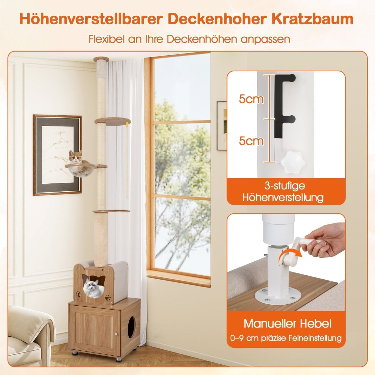 Ceiling-High Cat Tree with Adjustable Height & Litter Box