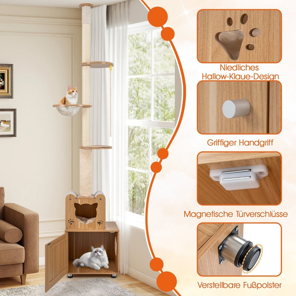 Ceiling-High Cat Tree with Adjustable Height & Litter Box
