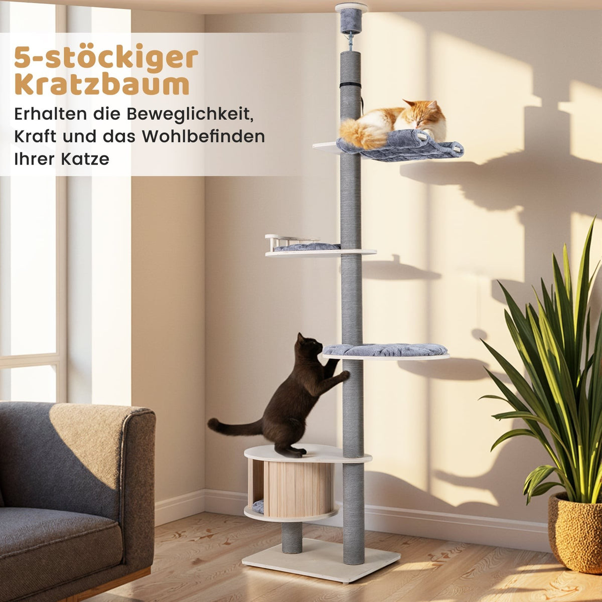Ceiling-High Cat Tree with Hammock & Platforms, Adjustable