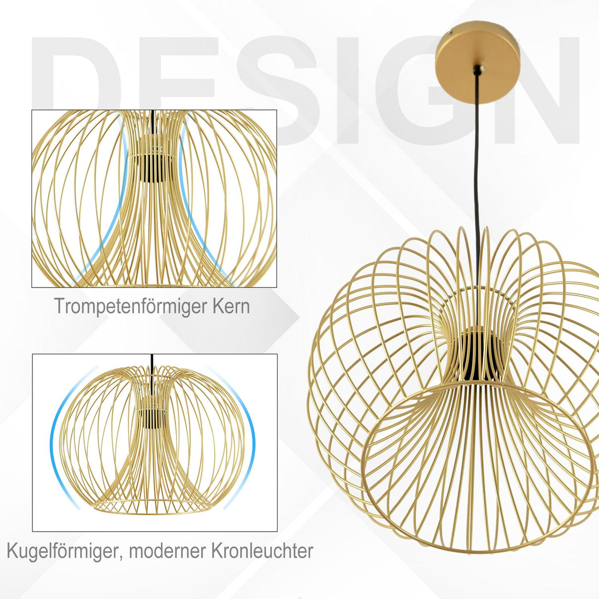 Ceiling Lamp Vintage Design, E27 Height Adjustable, Gold, Steel, Ø37X150H Cm