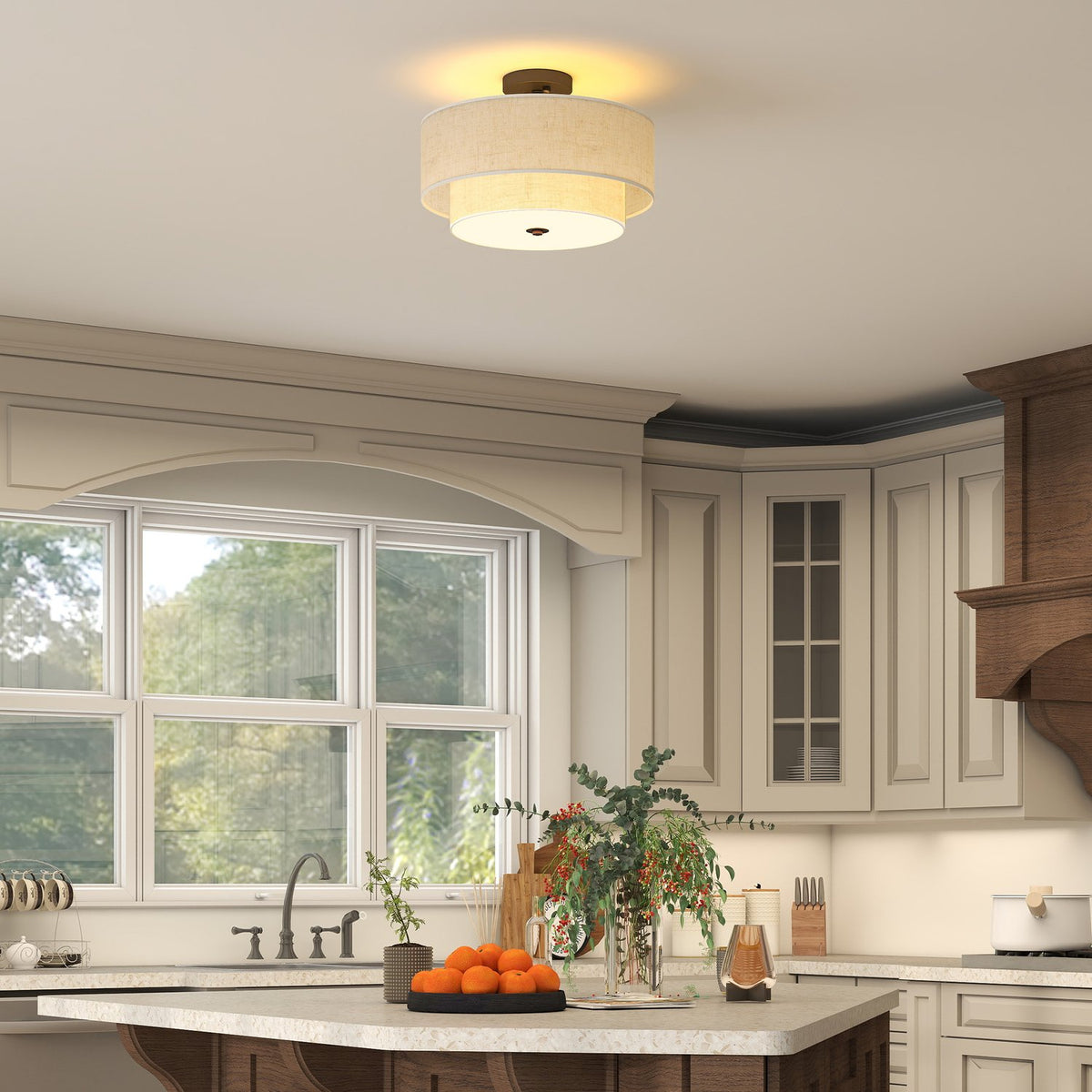 Ceiling Light with Double Linen Shades, Cream White