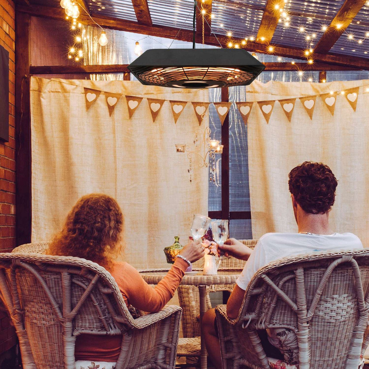 Ceiling heater 800W/1200W/2000W, 5 modes heater, IP45, electric patio heater with remote control, aluminum, glass, black, 45x45x10cm