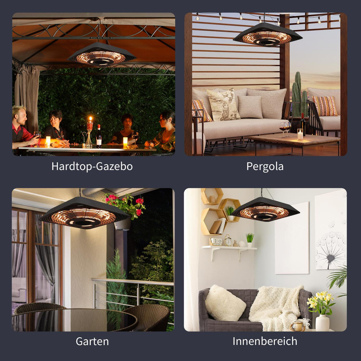 Ceiling heater 800W/1200W/2000W, 5 modes heater, IP45, electric patio heater with remote control, aluminum, glass, black, 45x45x10cm