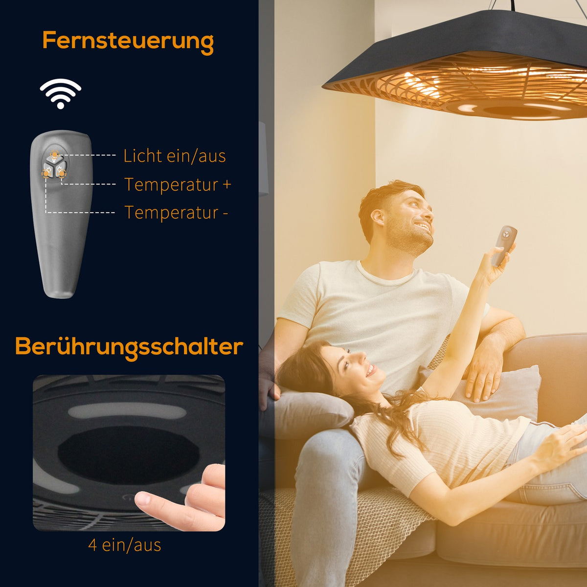 Ceiling heater 800W/1200W/2000W, 5 modes heater, IP45, electric patio heater with remote control, aluminum, glass, black, 45x45x10cm