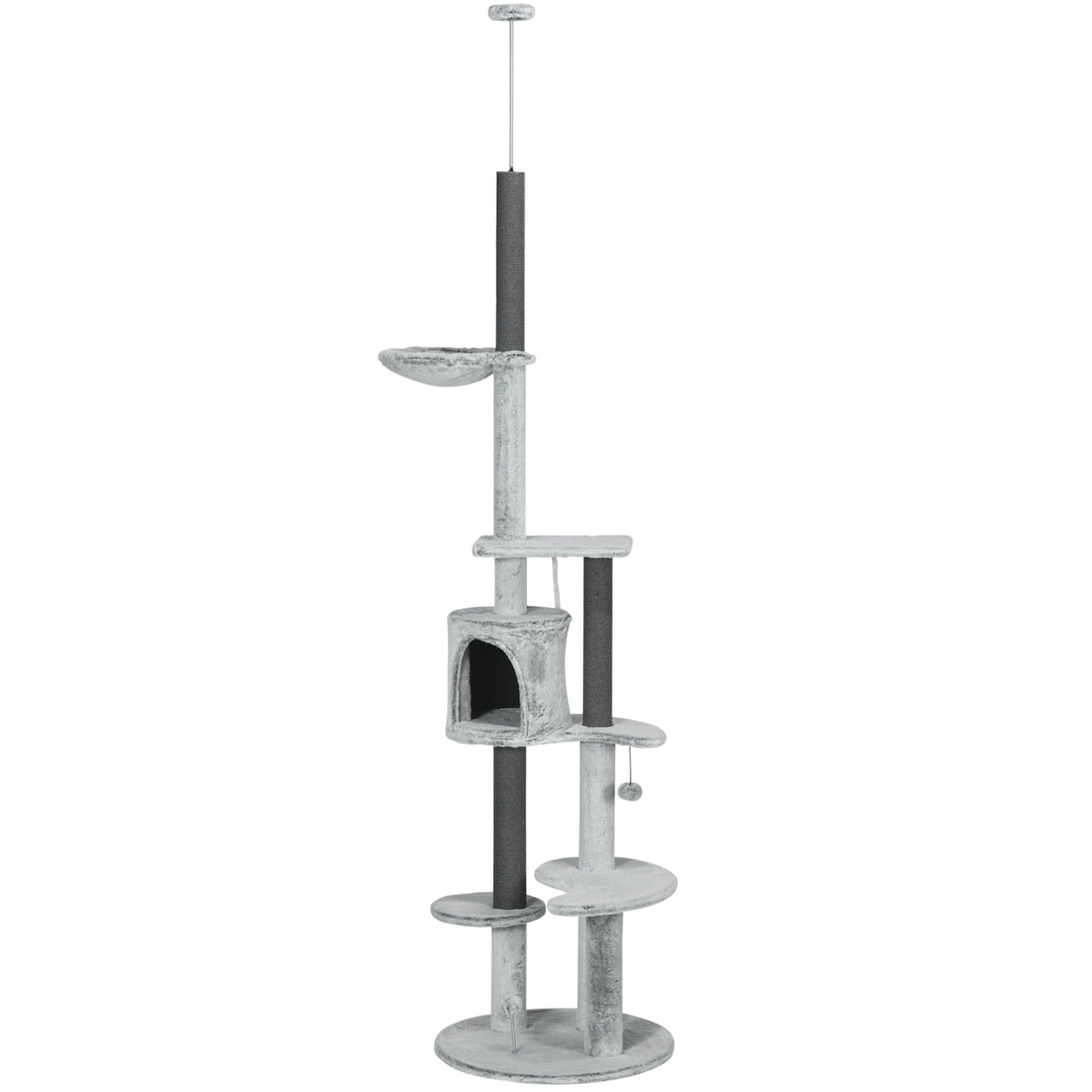 Ceiling-high scratching post, height adjustable, 2.25-2.55H m, with anti-tip protection, cat scratching post with cat cave, scratching posts, play ball, gray