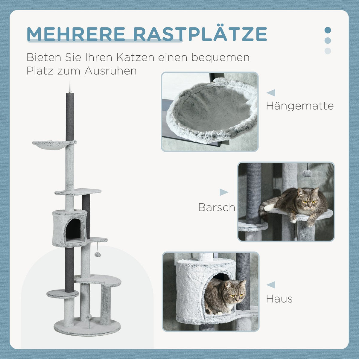 Ceiling-high scratching post, height adjustable, 2.25-2.55H m, with anti-tip protection, cat scratching post with cat cave, scratching posts, play ball, gray