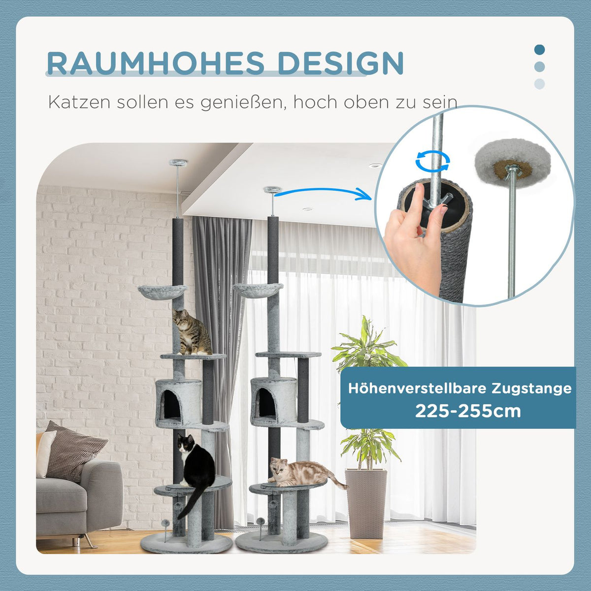Ceiling-high scratching post, height adjustable, 2.25-2.55H m, with anti-tip protection, cat scratching post with cat cave, scratching posts, play ball, gray