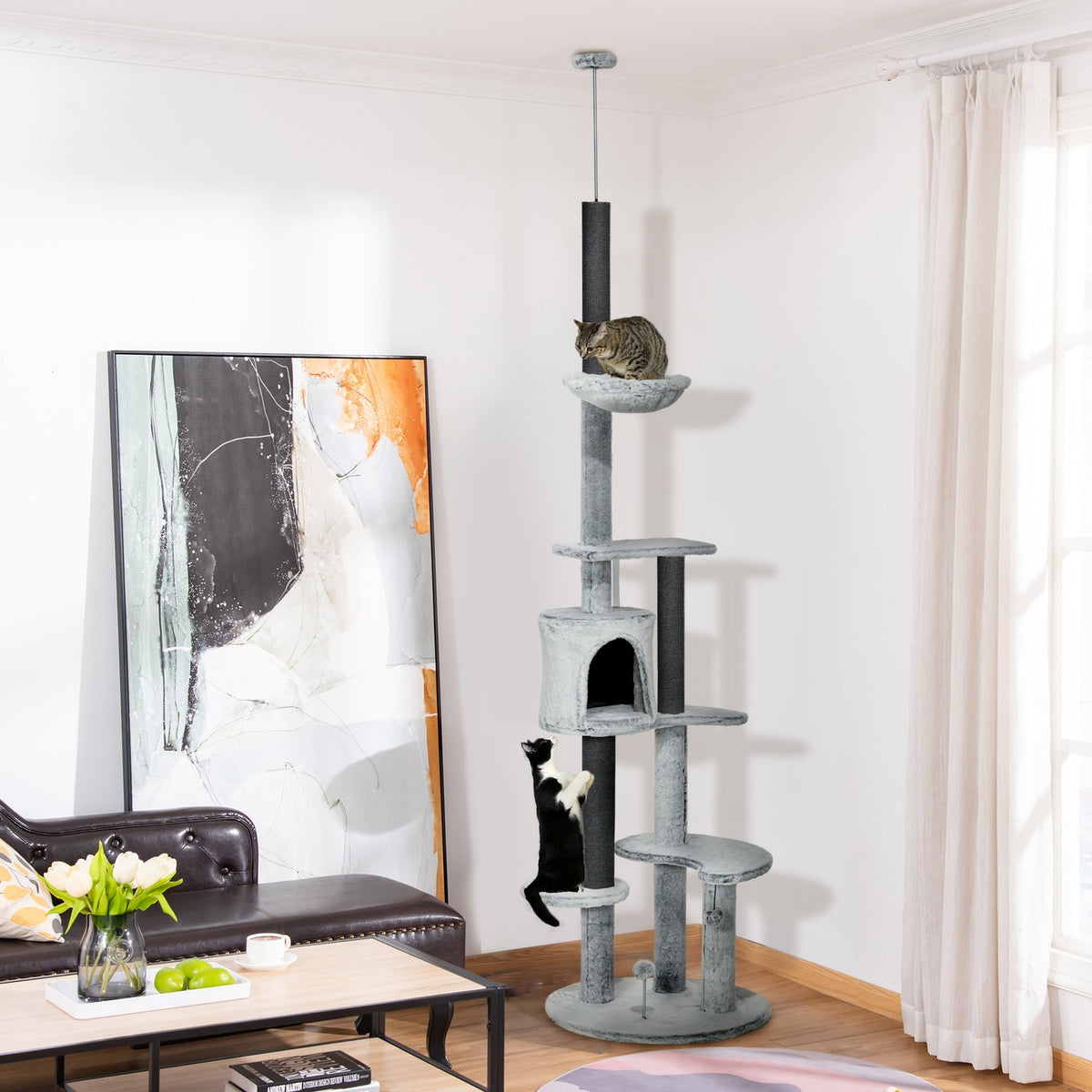Ceiling-high scratching post, height adjustable, 2.25-2.55H m, with anti-tip protection, cat scratching post with cat cave, scratching posts, play ball, gray