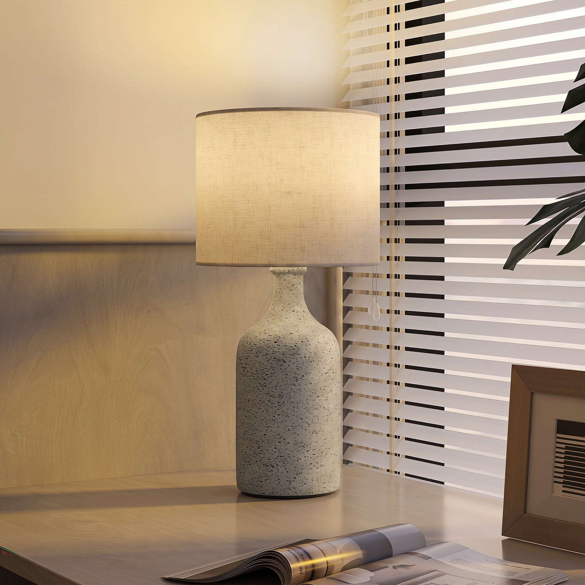 Ceramic Table Lamp with Linen Shade, Sand & Beige, 22x45 cm