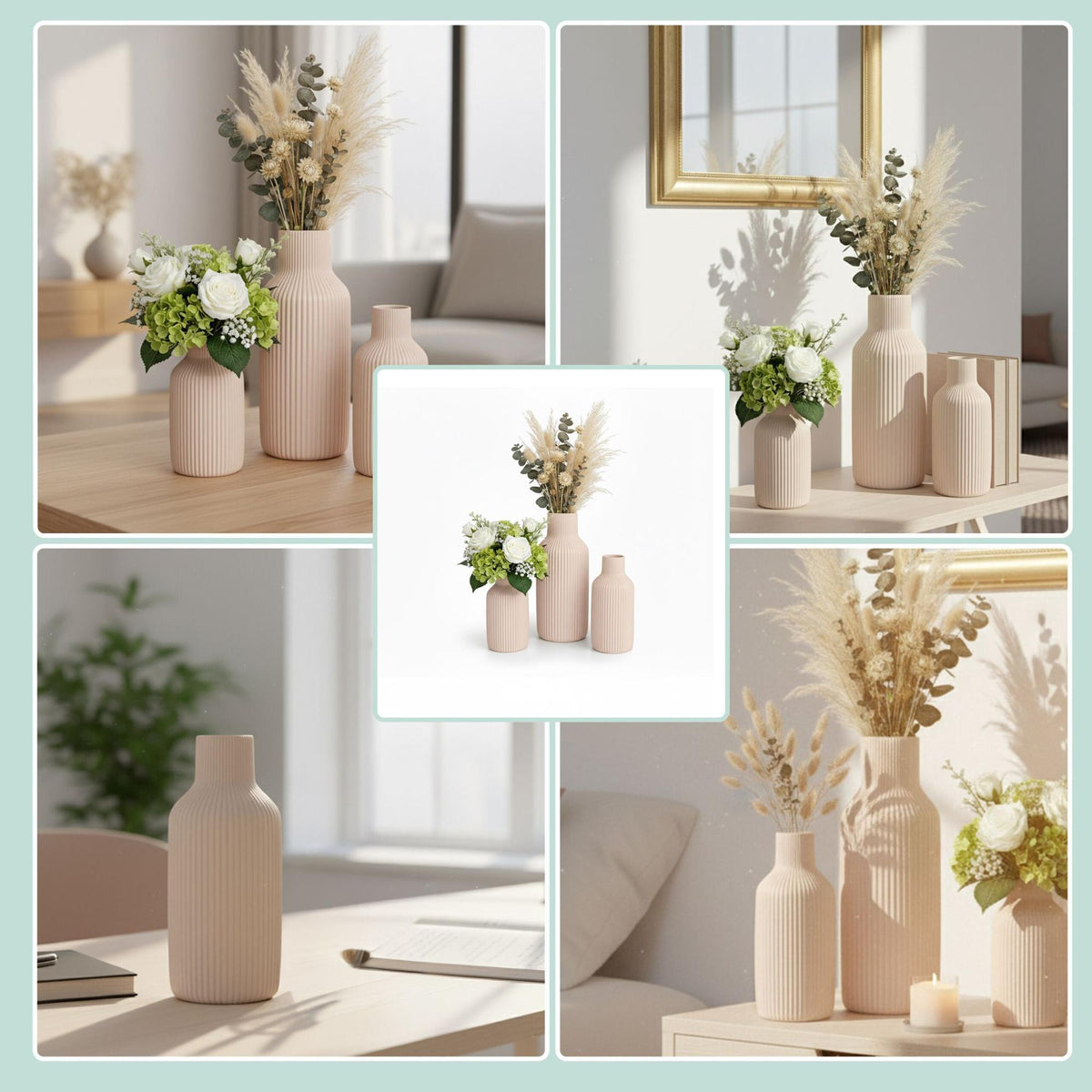 Ceramic Vase Set, 3 Sizes, Ribbed Texture