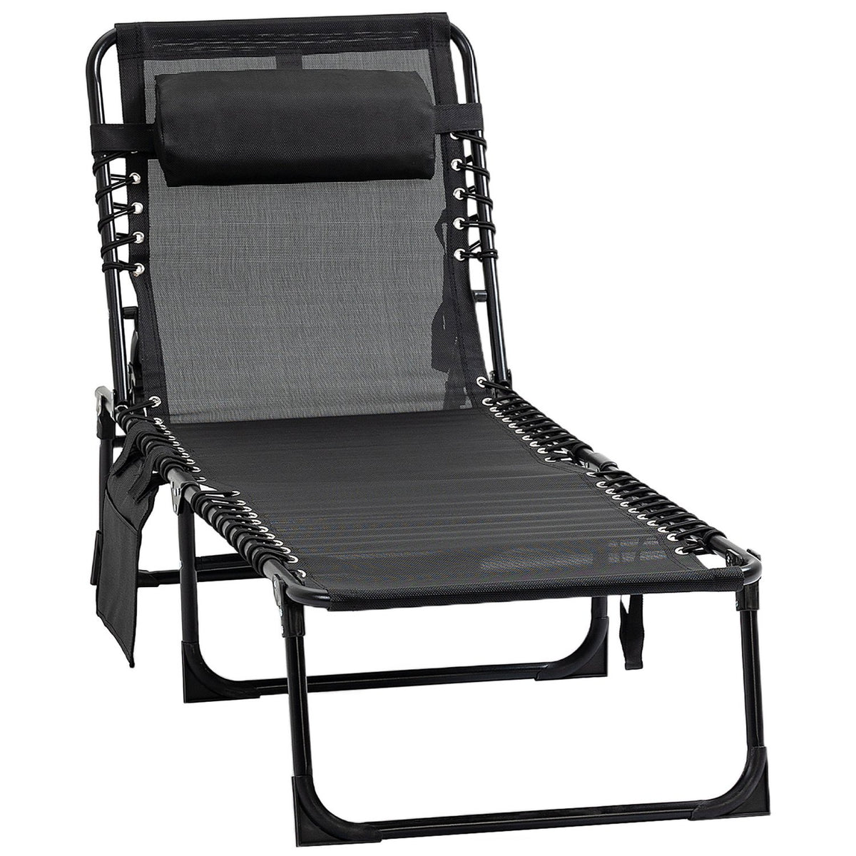 Chaise longue folding sun lounger deck chair with adjustable backrest 5 positions removable headrest side pocket textile cover steel frame 185 x 58 x 30 cm black
