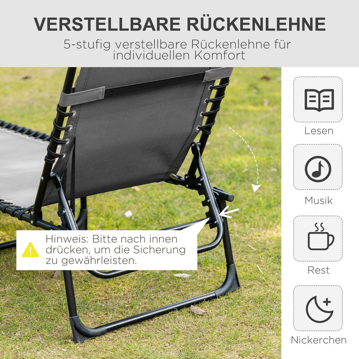 Chaise longue folding sun lounger deck chair with adjustable backrest 5 positions removable headrest side pocket textile cover steel frame 185 x 58 x 30 cm black