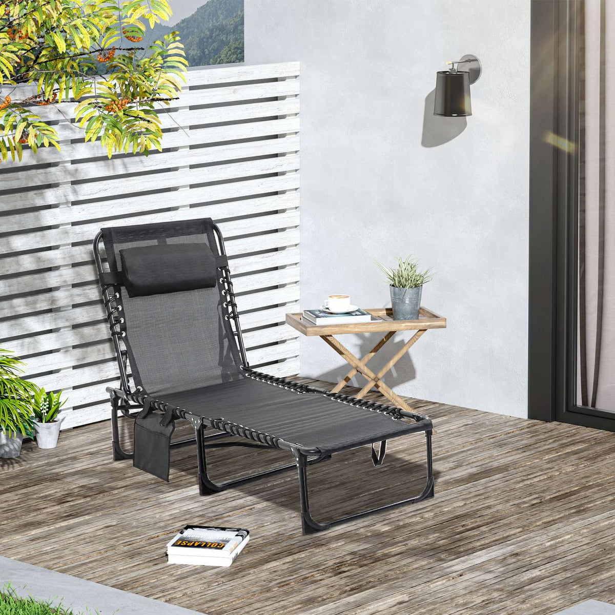 Chaise longue folding sun lounger deck chair with adjustable backrest 5 positions removable headrest side pocket textile cover steel frame 185 x 58 x 30 cm black