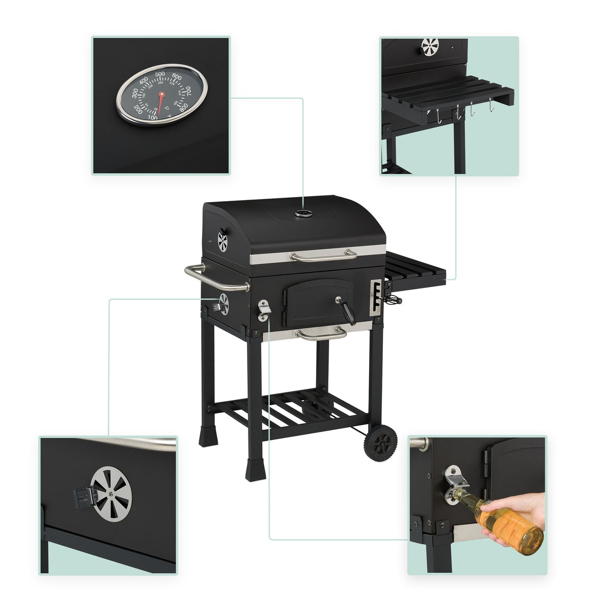 Charcoal BBQ Cart with Lid, Adjustable Tray & Thermometer